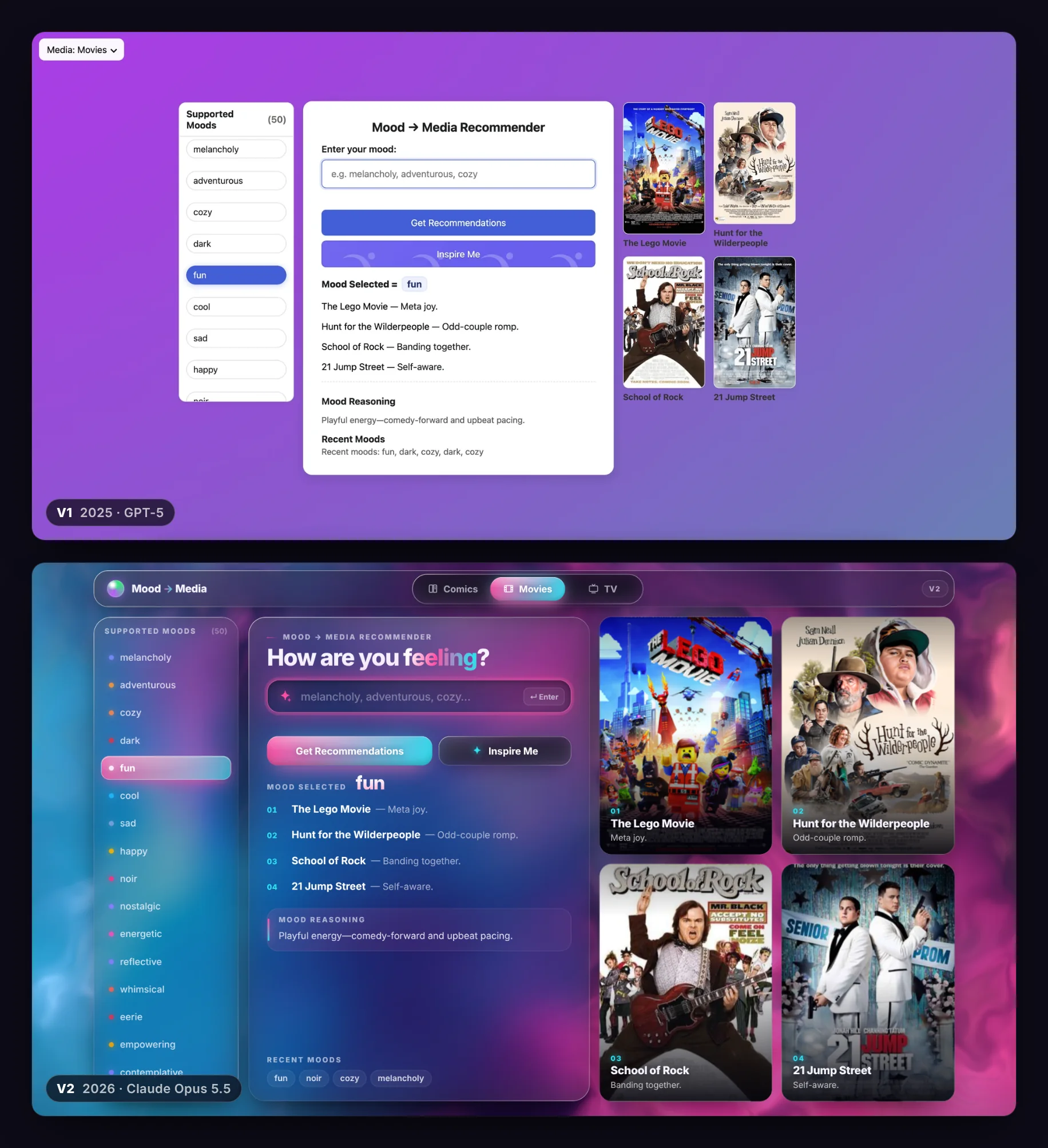 The same Movies recommendation in V1 (light cards on a flat purple gradient) and V2 (dark liquid-glass panels over an animated mood field with large covers)